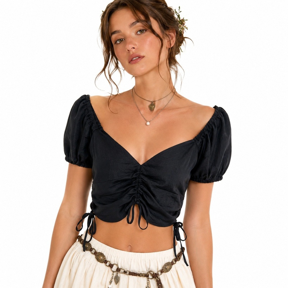 Glassons Black Satin Smocked Puff Sleeve Crop Top V-Neck Milkmaid Renfaire Sz 8